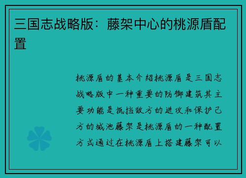 三国志战略版：藤架中心的桃源盾配置